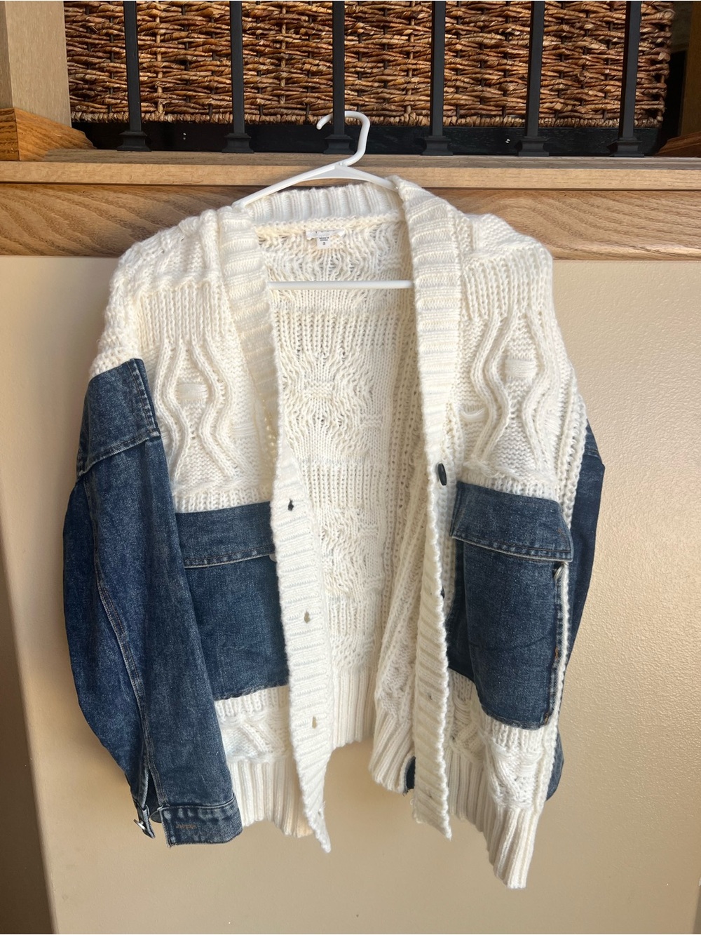 Women's White Knit & Denim Patch Cardigan Sweater